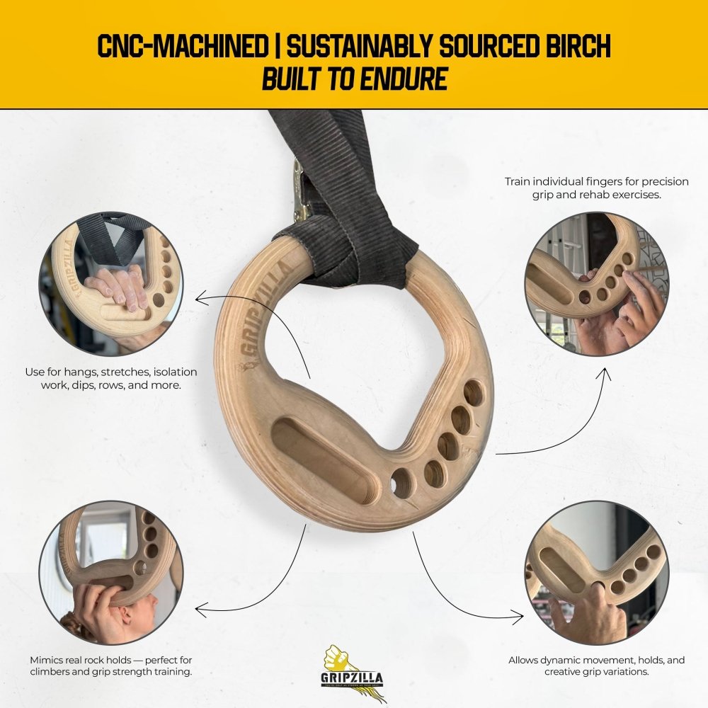 Cliff Hang Gymnastic Wooden Rings - Gripzilla - The Best Grip and Forearm Strength Exercises, Arm Wrestling Tools, Hand Grippers to Improve Grip Strength