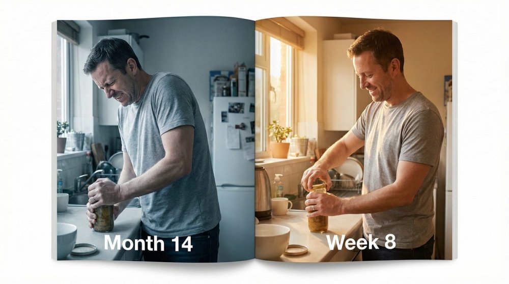 Before: struggling with jar. After: opening it one-handed.