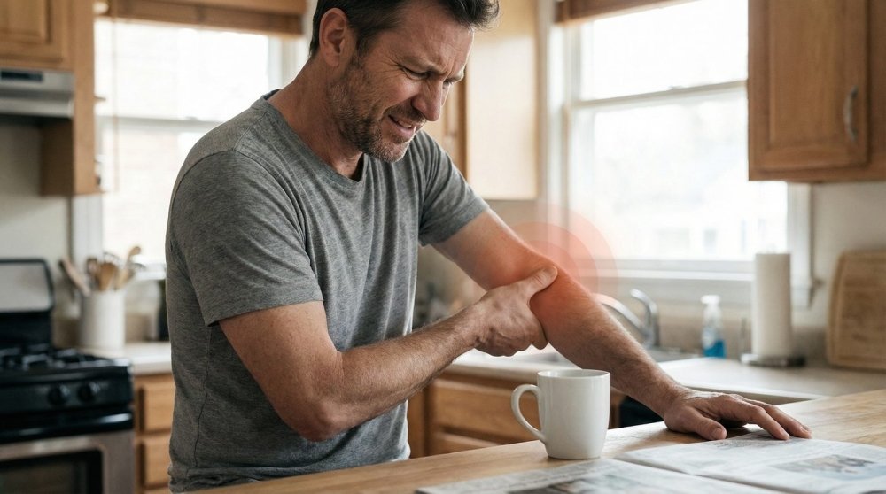 Man gripping elbow in pain at kitchen counter